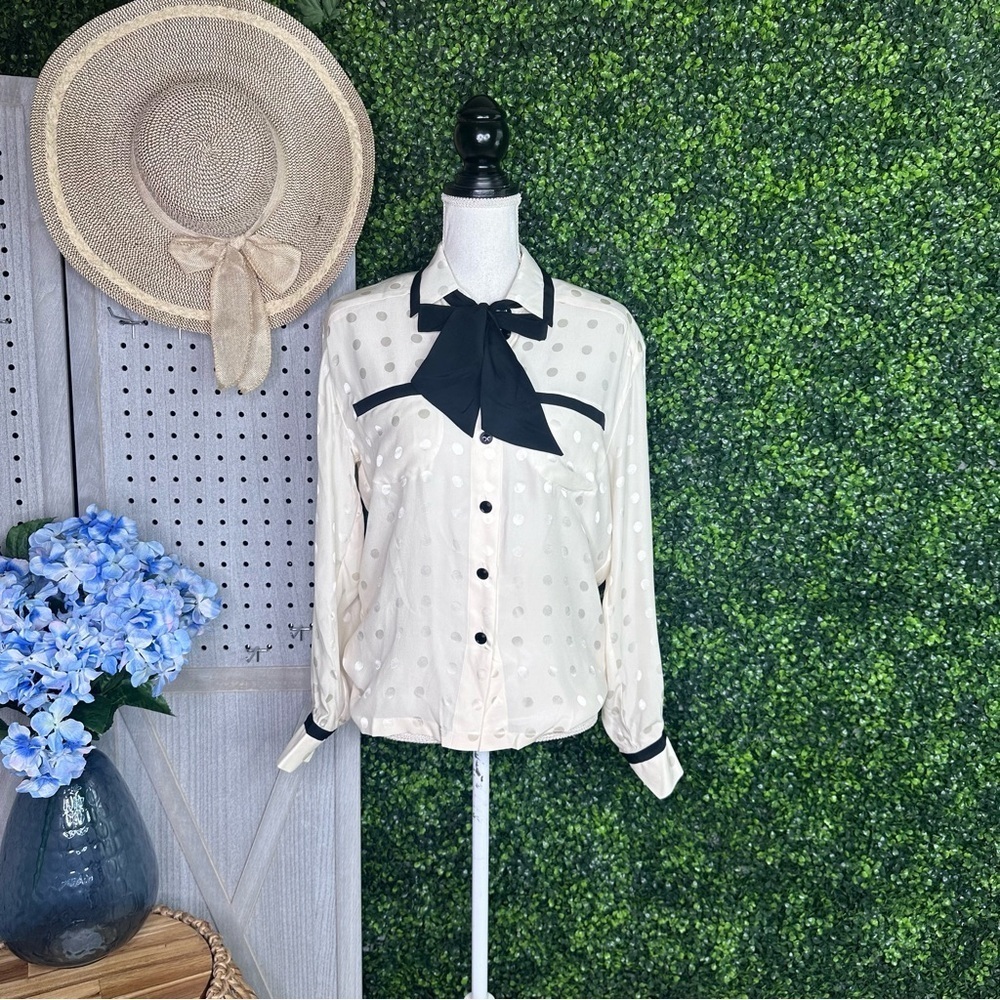Escada 100% silk polka dot tie neck vintage button down blouse
